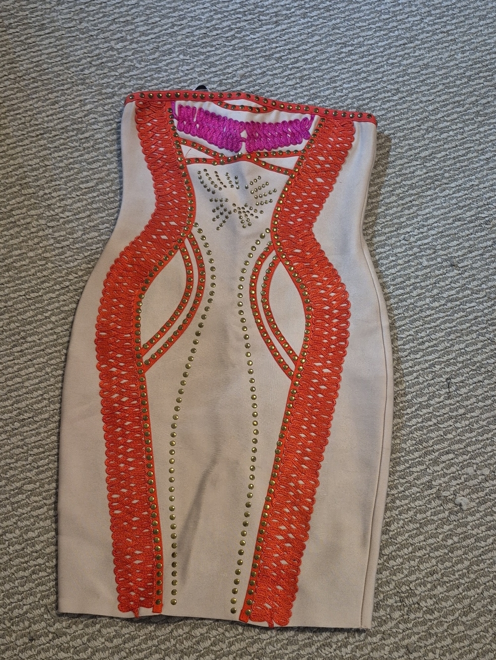 Strapless White Bodycon Dress with Orange Crochet & Pink Accent